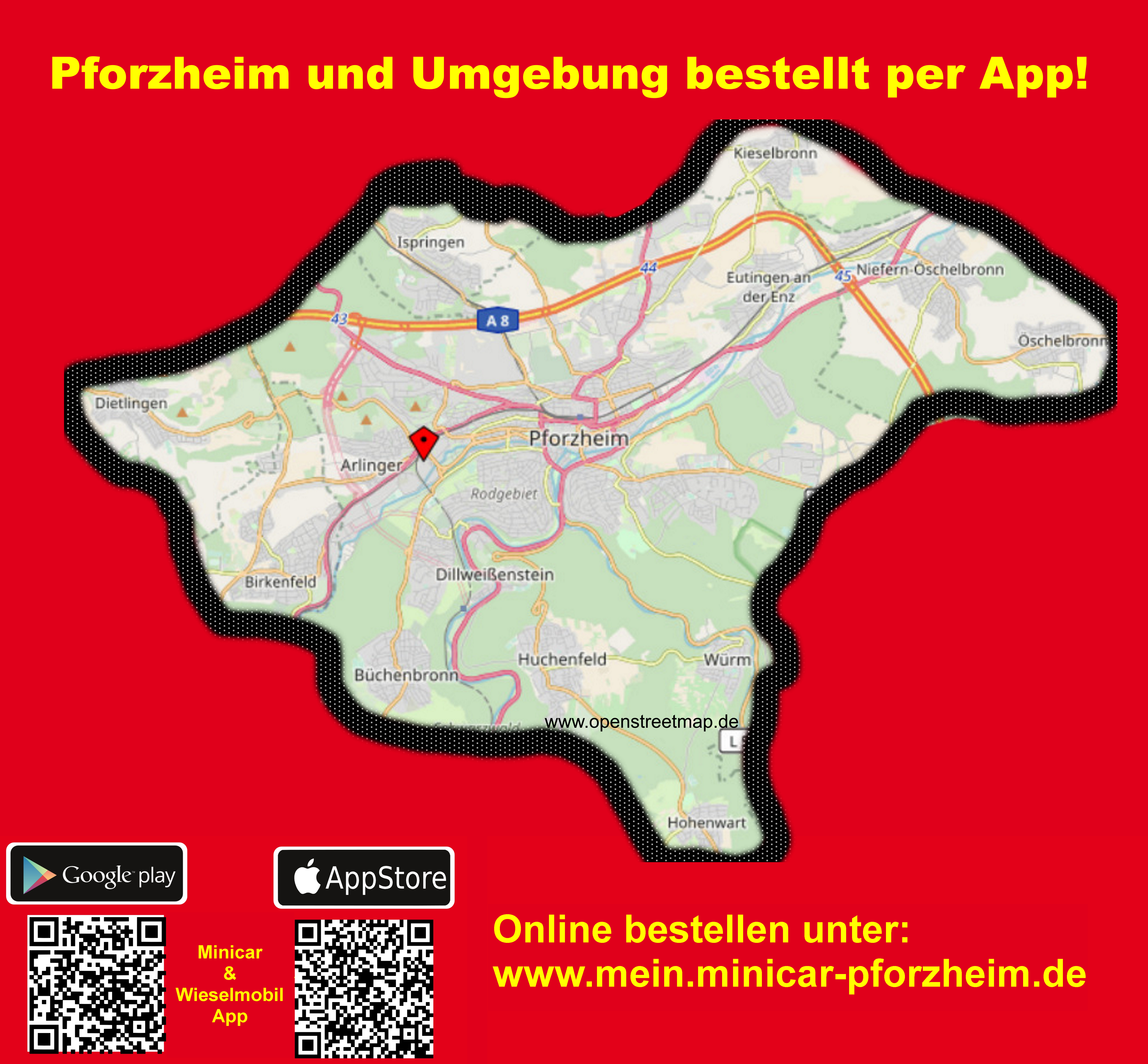 Minicar Pforzheim. Unser App Gebiet. Online bestellen in serer schönen Stadt